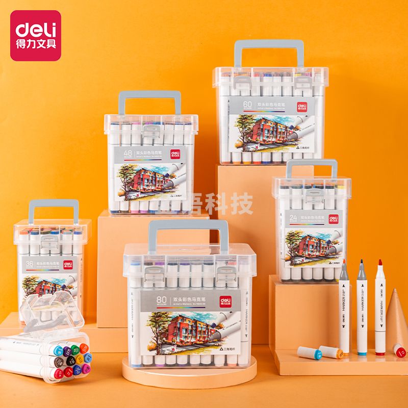 得力70803-80色酒精性三角杆马克笔(混)(80色/桶)