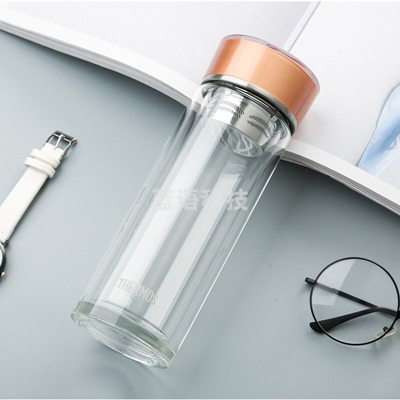 膳魔师（THERMOS）双层玻璃杯男女士茶水分离商务车载水杯办公泡茶杯带茶漏TCGE-300/400 TCGE-300 金色