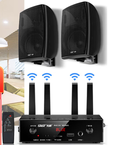 先科k10有源无线蓝牙壁挂音响套装 挂墙式会议室喇叭 主机器+8个黑色8寸船型三角箱 B1+B10