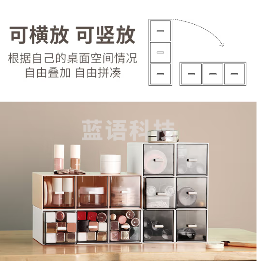 可叠加抽屉式桌面收纳盒透明防尘 白色单层3格