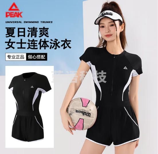 匹克泳衣女时尚连体平角休闲高腰修身显瘦高弹透气温泉泳装黑XL
