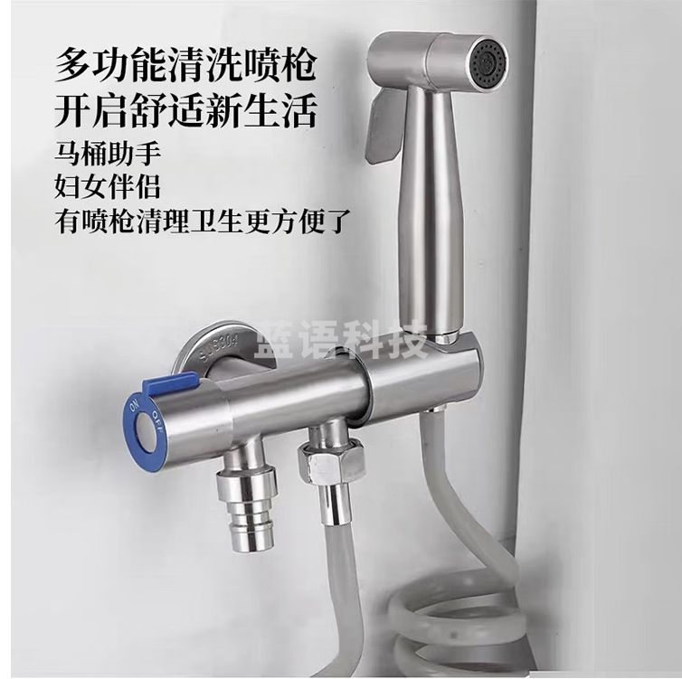 冰禹 BYzx-61 304不锈钢喷枪 一进二出免打孔厕所高压冲洗器套装 拉丝银