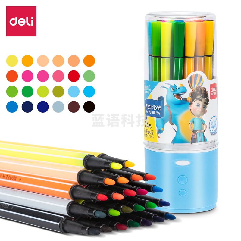 得力7060-24色细六角杆水彩笔(蓝)(桶)