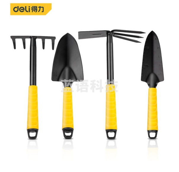 得力DL580804 园艺工具四件套 盆栽种植松土除草园艺工具套装 宽铲窄铲子五齿耙两用锄头