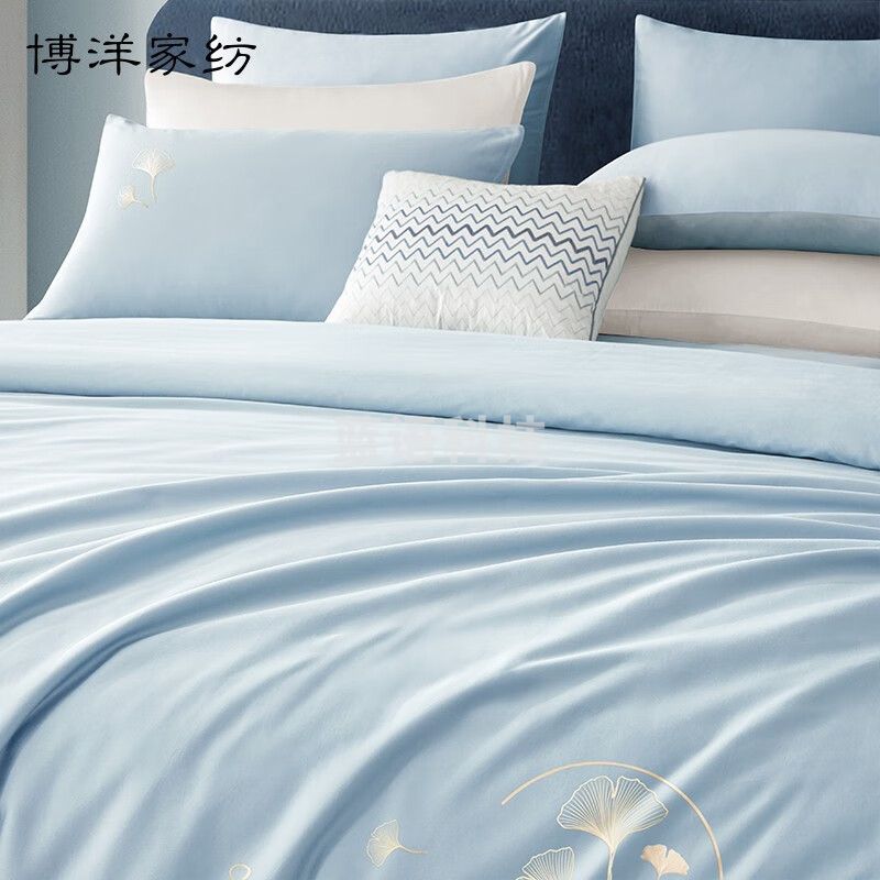 博洋（BEYOND）家纺60支长绒棉四件套全棉纯棉简约贡缎床单床上用品春夏床品 银杏花开（蓝） 1.8米床(被套220*240厘米)