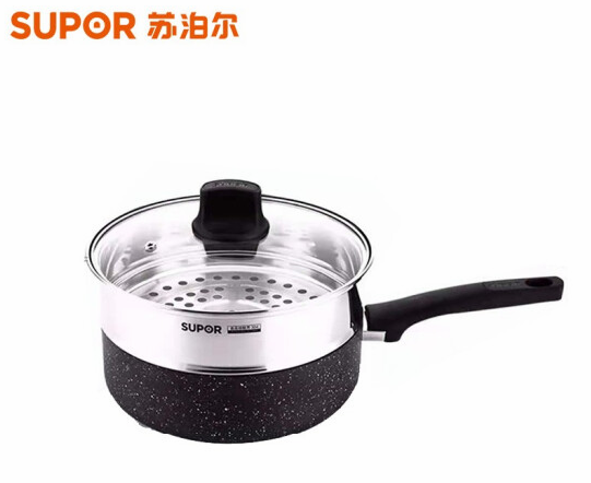 苏泊尔（SUPOR）平底锅不粘锅煎锅 麦饭石色多用锅 带蒸笼锅煮汤锅 家用电磁炉燃煤气炒菜锅24cm NJ24PA1带盖