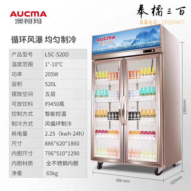 澳柯玛 LSC-521D 澳柯玛（AUCMA）商用立式冷藏展示柜 双门饮料柜水果蔬菜啤酒鲜花酒店保鲜柜陈列柜内置风机 【2021震撼上市】 520L LSC-521D