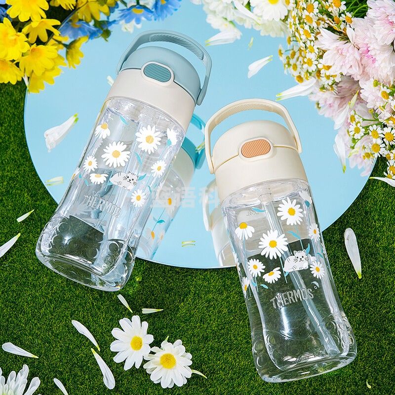 膳魔师（THERMOS） Tritan塑料杯卡通儿童学生带刻度可爱吸管杯运动随手杯F4011T TCSQ-450 橘色小雏菊