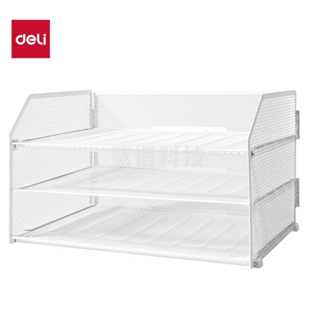 得力（deli）折叠三层文件座金属文件栏文件框文件筐铁资料整理置物架三层 白色PB115