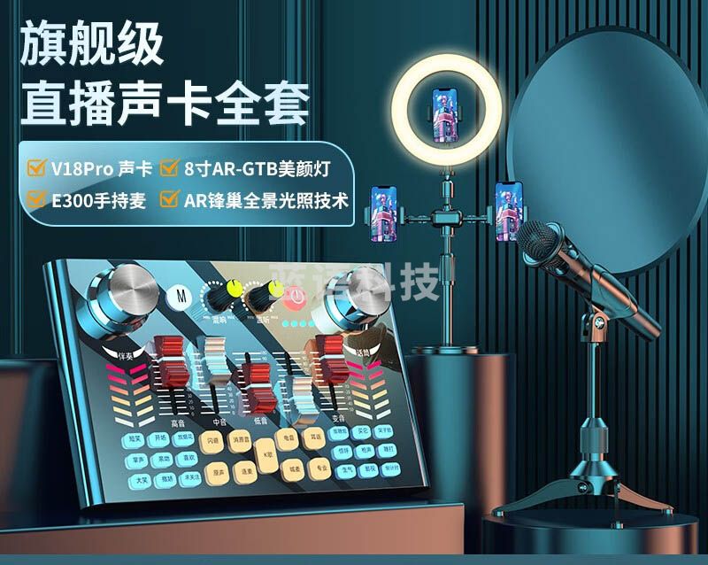 金运 V18P 声卡直播设备套装手机电脑录音直播变声器麦克风补光灯户外外置主播抖音全民K歌全套唱歌话筒 桌面达人套装【声卡全套+手持麦】8寸明肌灯