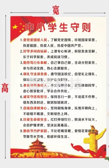 小学生日常行为规范墙贴班级教室布置装饰新版中学生守则标语挂图 中小学生守则A3宽30cm高42cm