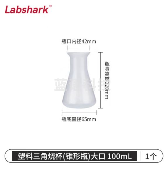 比克曼生物 LABSHARK 塑料锥形瓶实验室三角烧瓶广口带刻度PP耐高温摇瓶 塑料锥形瓶 大口不带盖 100ml（5个起订）