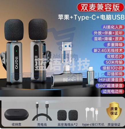 绿巨能 无线麦克风 【旗舰版】双麦‖Type-C+电脑USB‖智能降噪‖AI美声  领夹式收音麦器 手机直播录音话筒蓝牙