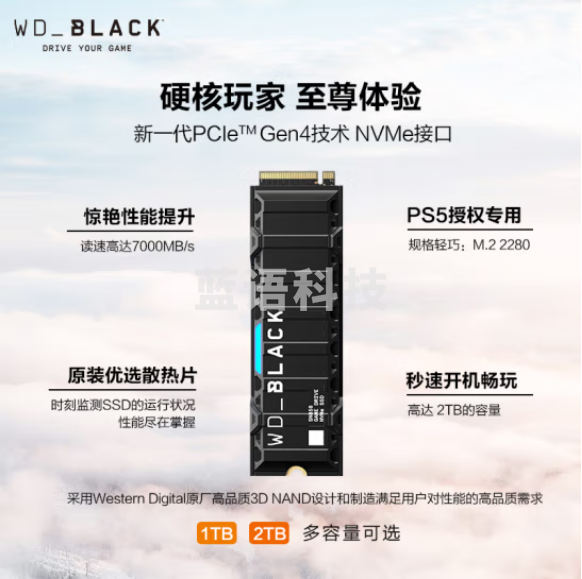 西部数据（WD）1TB PS5 SSD固态硬盘 M.2（NVMe协议） WD_BLACK SN850 PCIe gen4 索尼PS5认证 WDBBKW0010BBK-CRSN