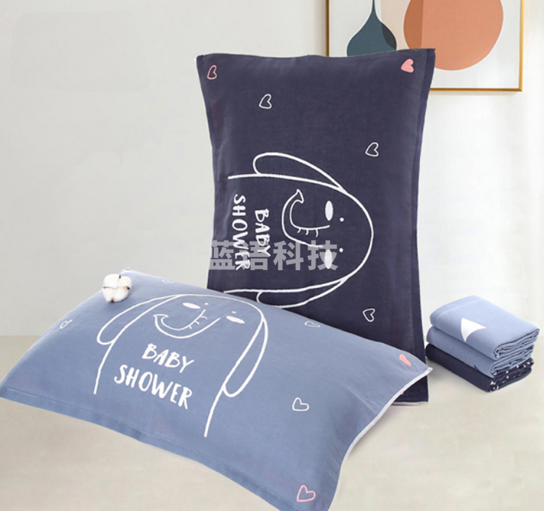 沐凡 纯棉纱布枕巾一对装 欧式全棉加大加厚枕头巾 喷水象浅蓝50*75cm（对）