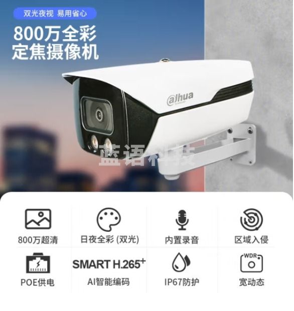 大华dahua监控摄像头 800万网线供电 POE网络高清监控摄像头 H.265双光全彩夜视手机 DH-IPC- HFW4843M1-A-IL-N 3.6mm