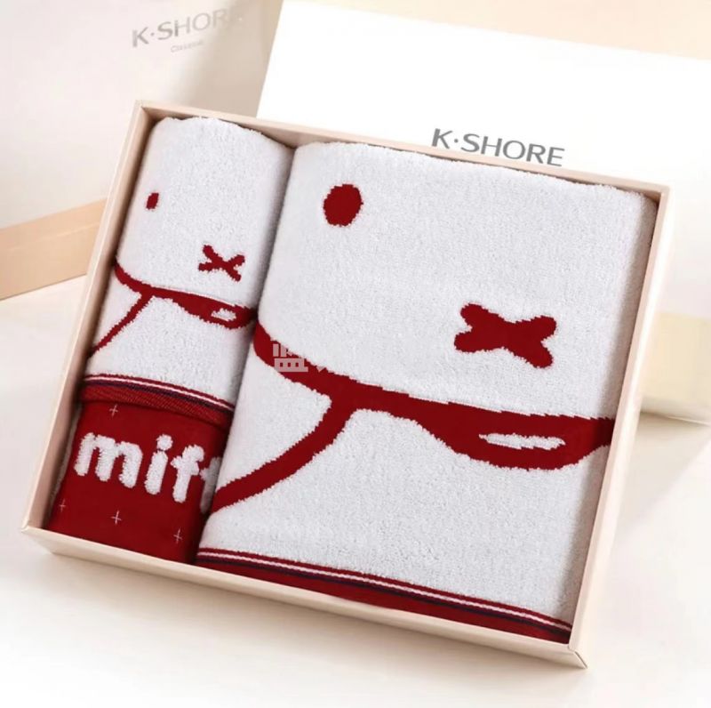 金号 纯棉加厚毛巾+浴巾+方巾 全棉米菲卡通套装 红色礼盒装