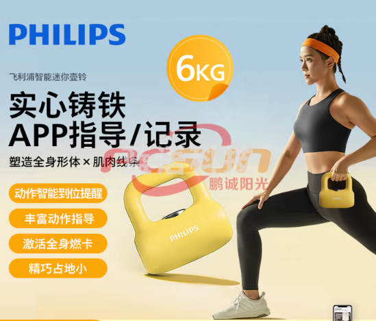 飞利浦智能壶铃男女士家用健身哑铃练手臂深蹲提臀形体训练 黄6KG 3301D