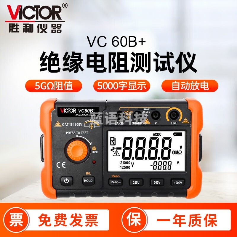 胜利仪器（VICTOR）数字兆欧表 绝缘电阻测试仪500V/1000V/2500V电子摇表绝缘电阻表 VC60B+绝缘（5000MΩ 1000V ）
