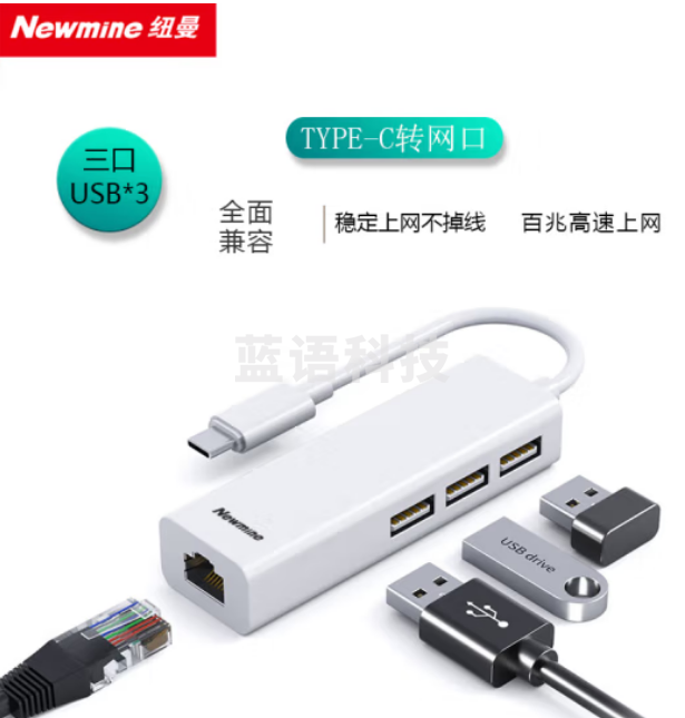 纽曼（Newmine）T-LAN1003 Type-C转网口分线器拓展RJ45网线接口HUB转换器 笔记本电脑台式机以太网口扩展坞 Win8/10转接头 白色