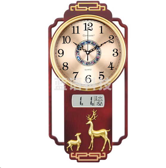 康巴丝3349挂钟 新中式日历时钟石英钟表 自动对时款 红木色32cm总长64cm