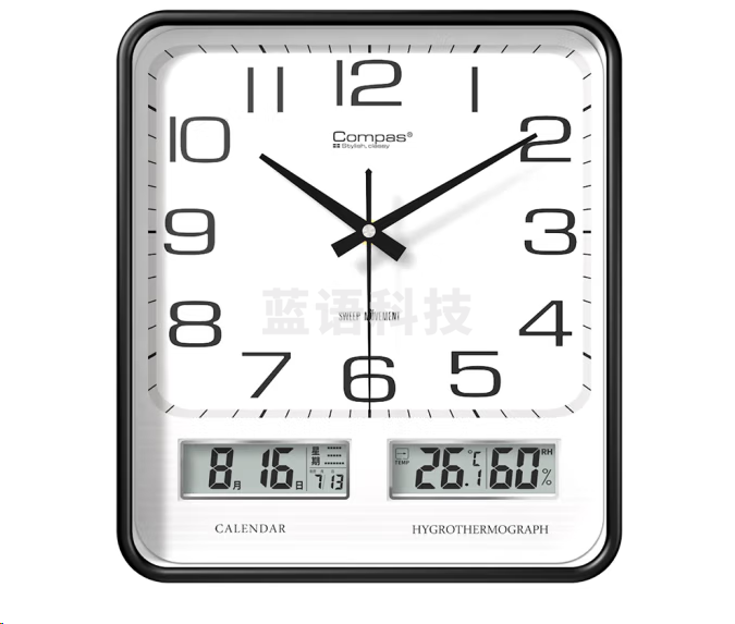 康巴丝C3236挂钟 万年历温湿度时钟 简约石英钟 黑色30*34cm