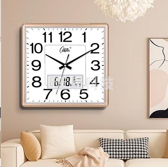 康巴丝3112Y挂钟 大气方形石英钟 日历闪金（32*32cm）