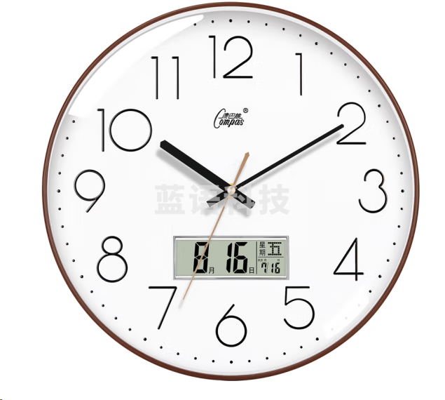 康巴丝C3220Y挂钟 简约钟表石英钟日历挂表 窄边框立体字 咖色35cm