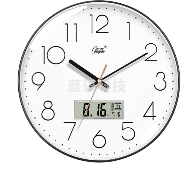 康巴丝C3220Y挂钟 简约钟表石英钟日历挂表 窄边框立体字 黑色35cm