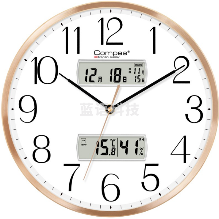 康巴丝C3264-2挂钟 简约石英钟表 挂墙时钟万年历挂表 日历显示温湿度显示 金色12.5英寸32cm