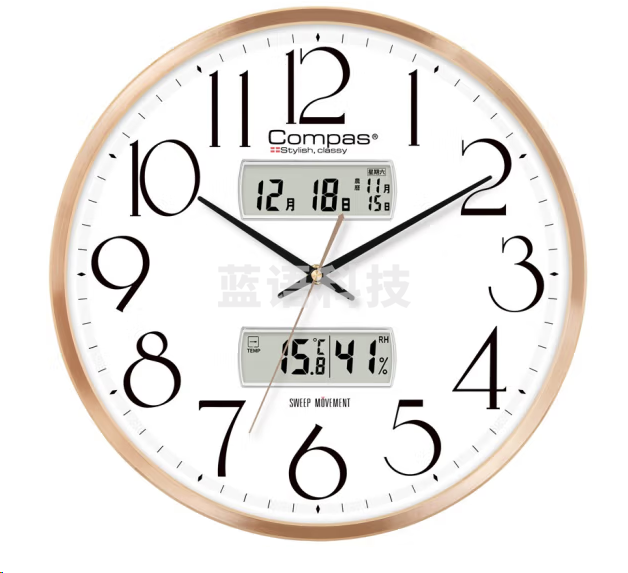 康巴丝C3240-2挂钟 创意简约石英钟表挂墙挂钟 日历显示温湿度显示 金色14英寸36cm