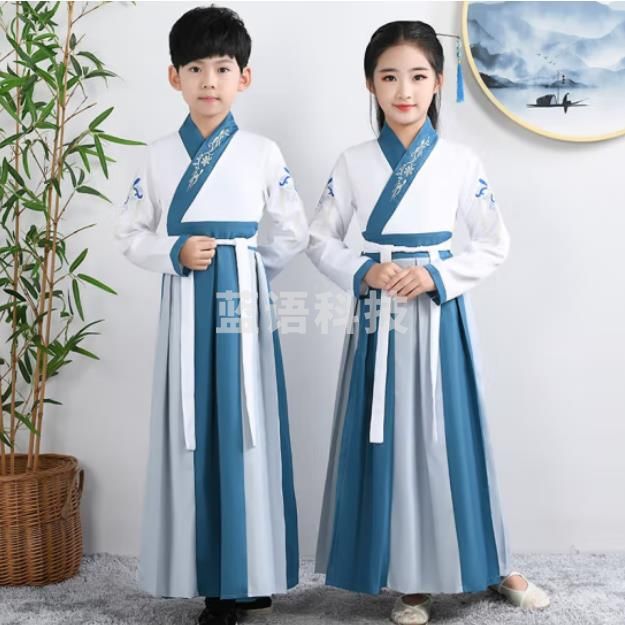 儿童古装汉服男女童国学服 湖蓝拼接直袖款