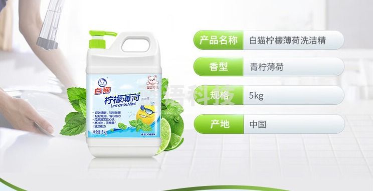 白猫柠檬薄荷洗洁精5KG大桶按压瓶洗涤