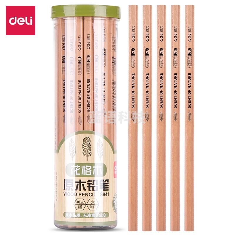 得力(deli) S941 木世界系列2B六角笔杆书写绘画素描铅笔 30支/桶