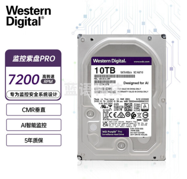 西部数据(WD)10TB监控硬盘 AI智能 紫盘Pro 3.5英寸 CMR垂直 机械硬盘 7200转256M SATA 6Gb/s (WD101EJRP)