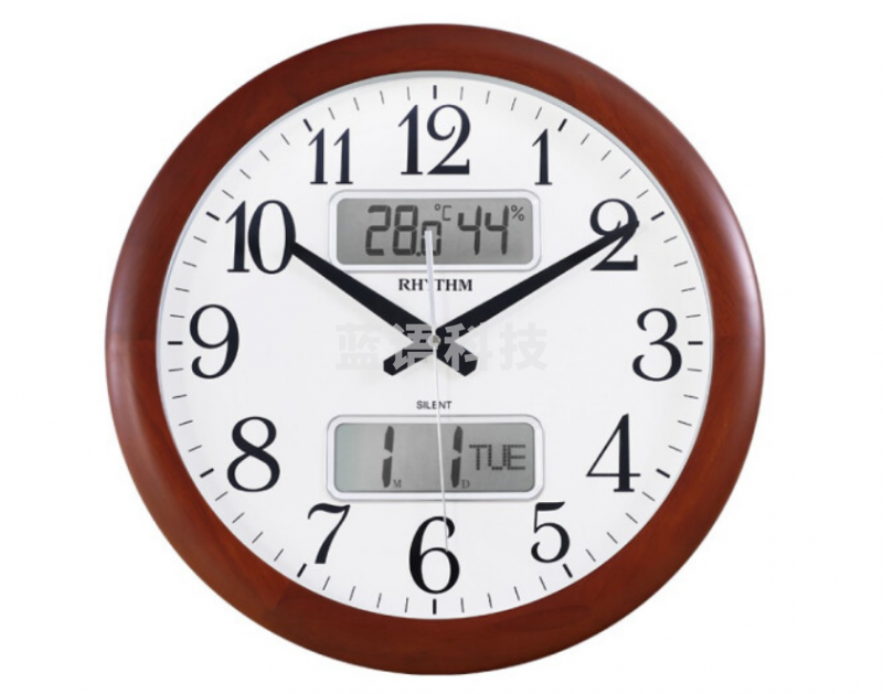 丽声(RHYTHM)实木静音石英挂钟cfg901nr06D圆形温湿度日期钟表41cm液晶