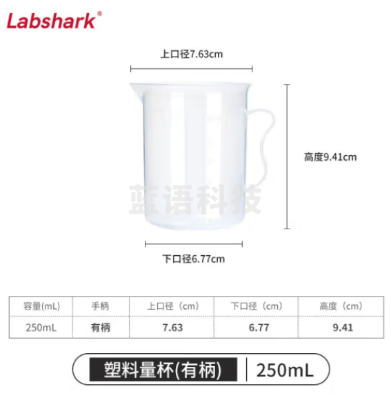 比克曼生物 LABSHARK 塑料量杯带刻度加厚具嘴透明大容量带柄无柄PP材质耐热耐高温实验室用品【有柄】250mL 20个