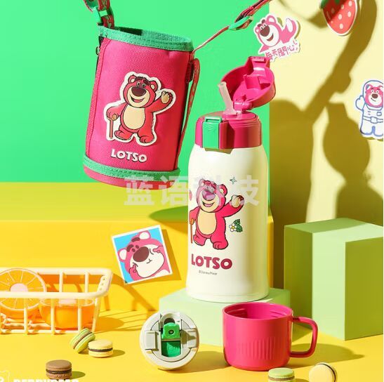 杯具熊（BEDDYBEAR）儿童保温杯带吸管316不锈钢双盖两用大容量儿童水杯壶600ml草莓熊