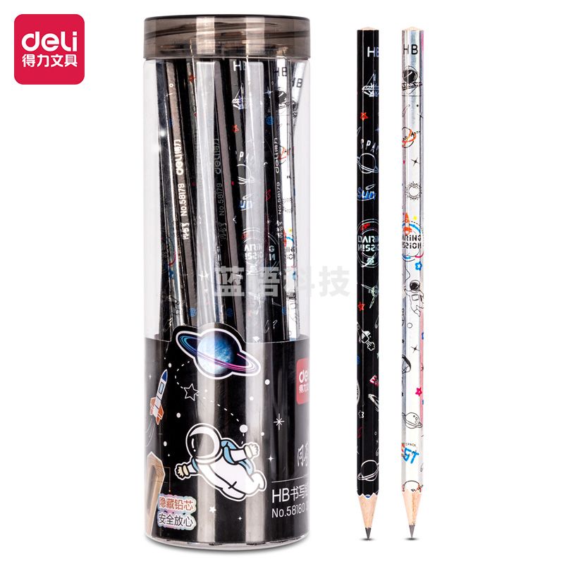 得力58180_30支PET桶装航天六角杆HB书写铅笔(混)(30支/桶)