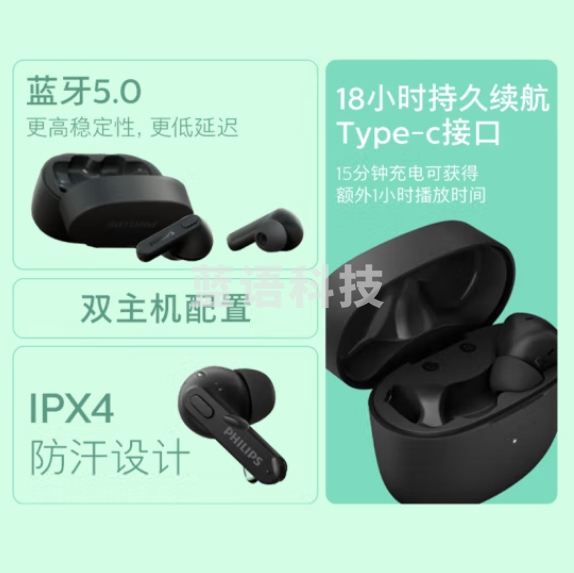 飞利浦（PHILIPS）TAT2206真无线蓝牙耳机回音降噪AAC高清音质 黑