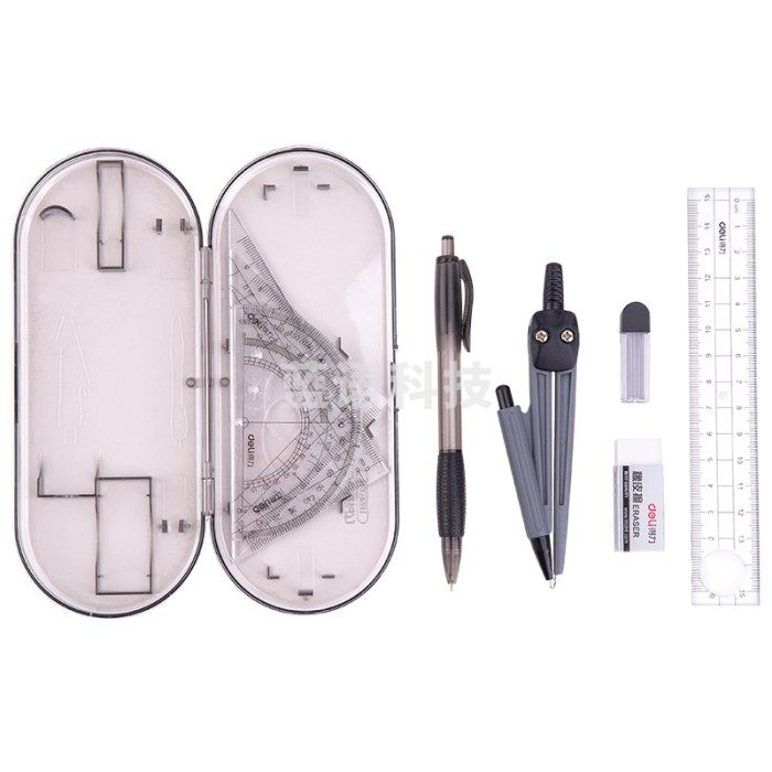 得力（deli）9591 绘图考试套尺（铅笔+铅芯+橡皮+圆规+直尺+三角尺*2+量角器）8件套装