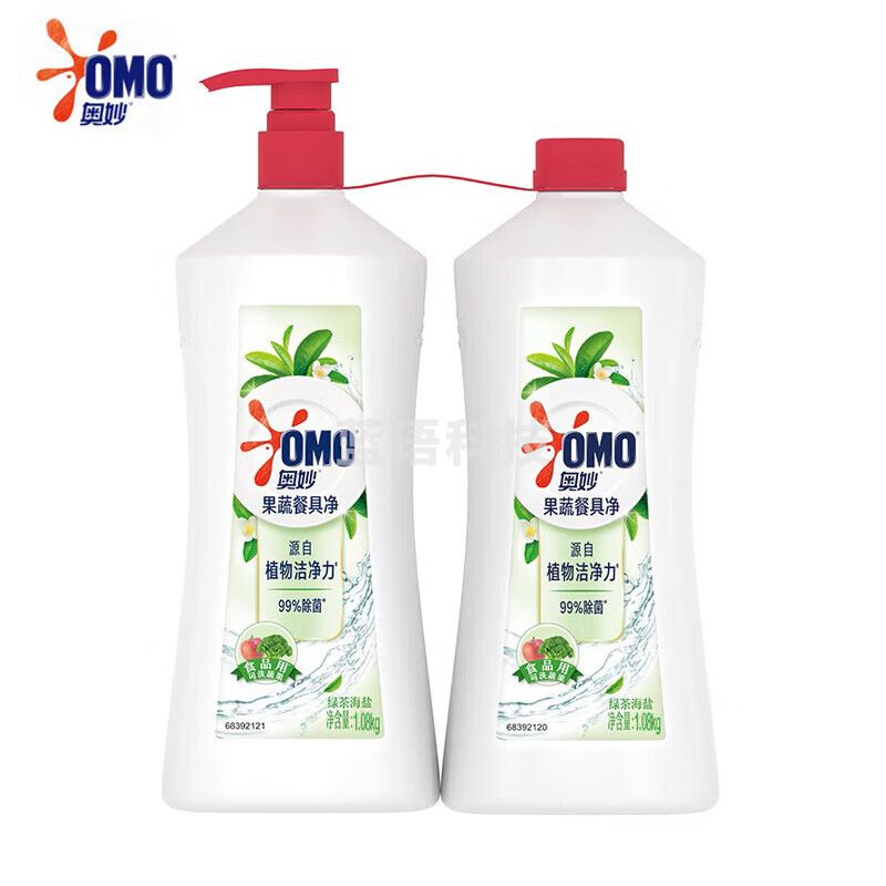 奥妙（OMO）自然工坊果蔬餐具净洗洁精 洗洁精绿茶海盐香型1.08kg*3瓶