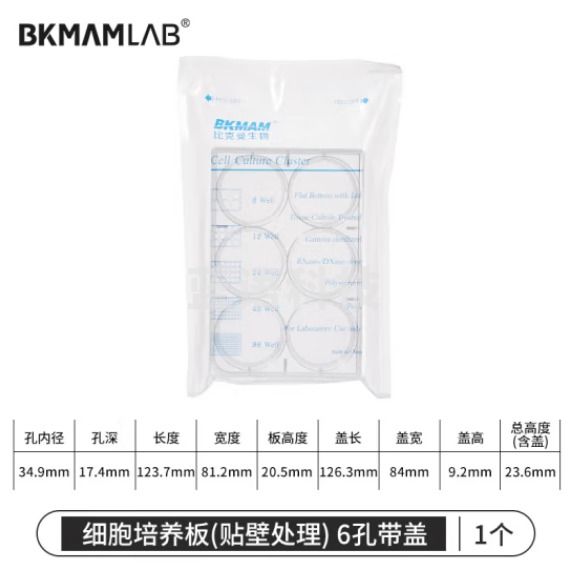 比克曼生物 细胞培养板96孔板透明带盖平底圆孔TC处理独立包装 6孔带盖（贴壁） 1个（2个起订）