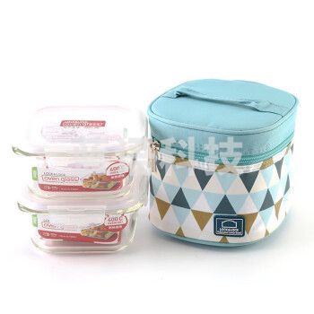 乐扣乐扣（LOCK&LOCK）LLG214S904 玻璃保鲜饭盒水果便当少女心餐盒小号微波炉500ML*2餐包午餐包 (蓝色餐包)