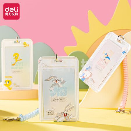 得力(deli)PZ103 竖式证件卡套 兔八哥系列 棉挂绳弹簧绳款 单只装混色