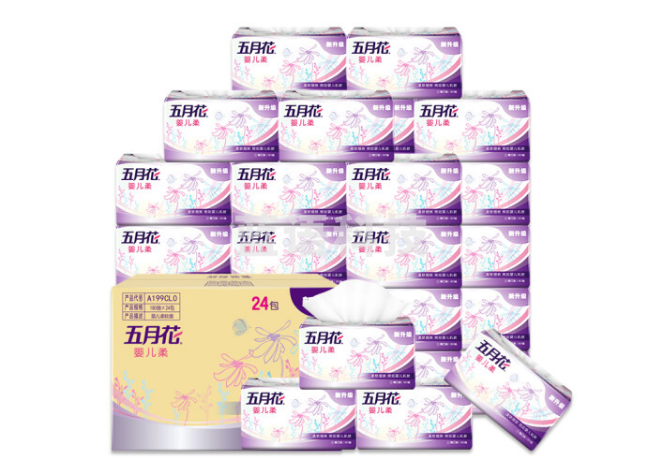 五月花A199CA0抽纸 婴儿柔2层180抽*24包软抽 柔软亲肤面巾纸（真S）单位：箱