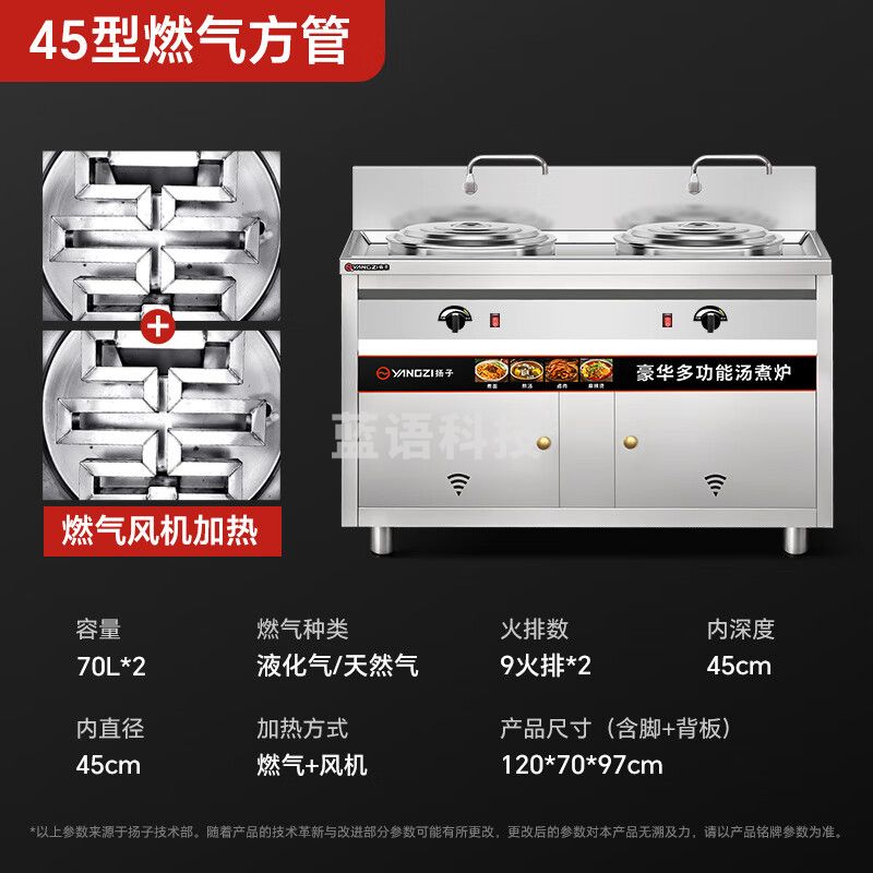 扬子双头煮面炉立式商用电热燃气煮面桶不锈钢麻辣烫面炉汤锅节能保温 双头45型/70L燃气方管型带风机