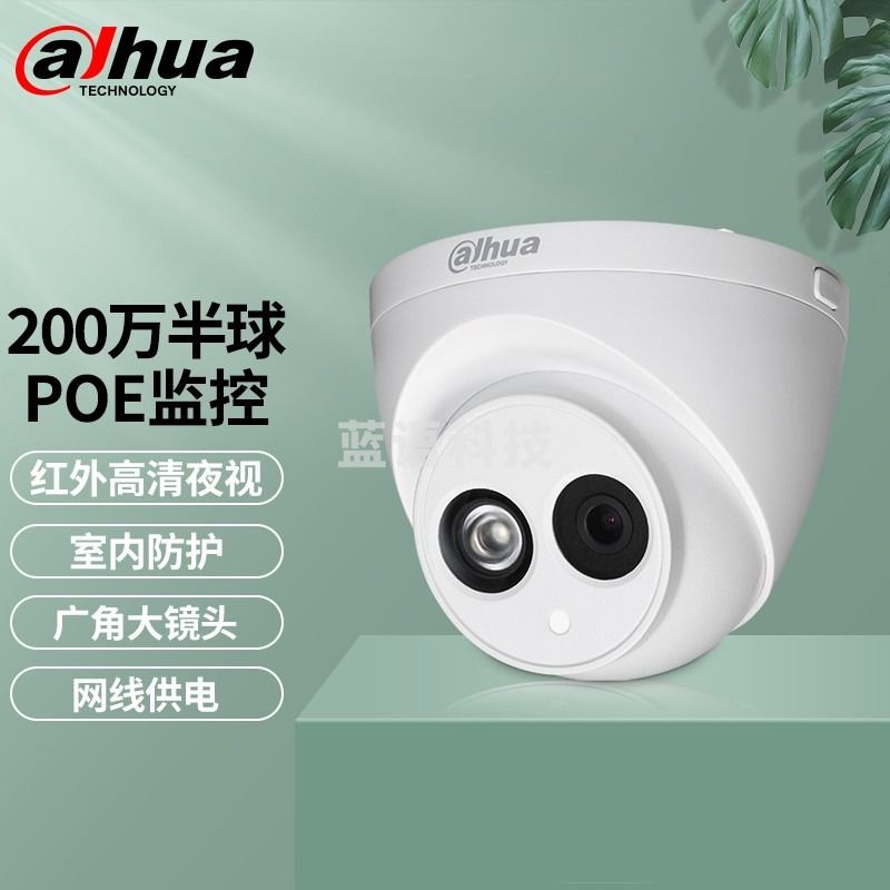 大华监控摄像头POE供电半球红外夜视H.265监控摄像头室内商用 200万拾音半球 2.8MM