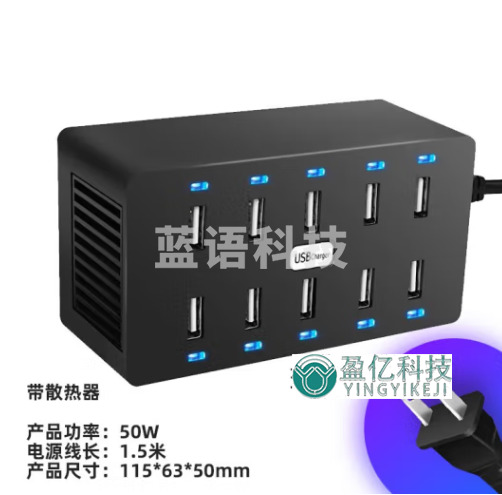 10口USB充电插座多孔插排手机多功能usb充电器6孔20孔40/60孔排插 10孔带散热器款 黑色