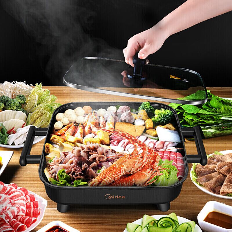 美的MC-DY3030Easy101电火锅电炖锅多功能电热锅涮烤一体锅炒锅家用6L